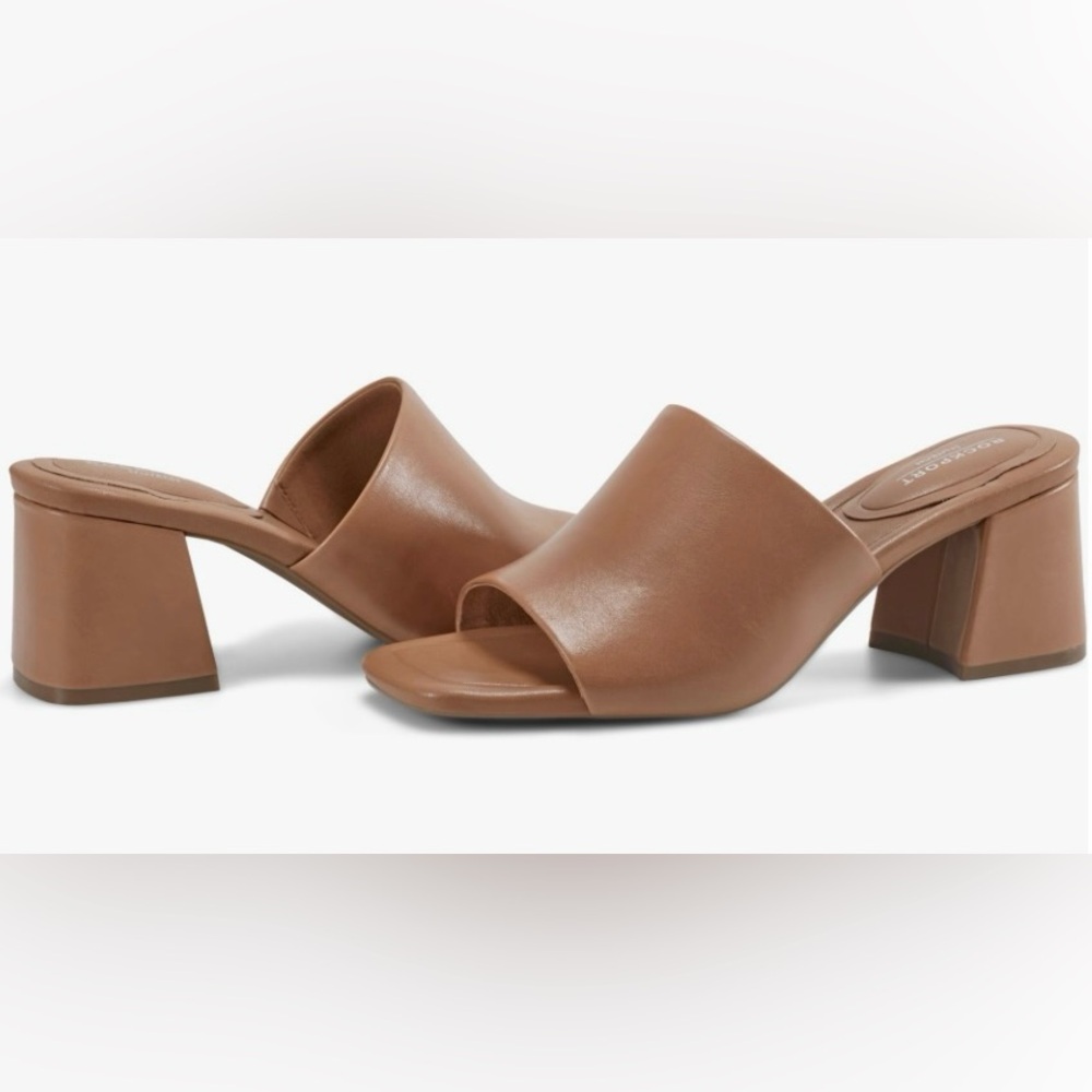 Rockport Brown Leather Block Heel Mules